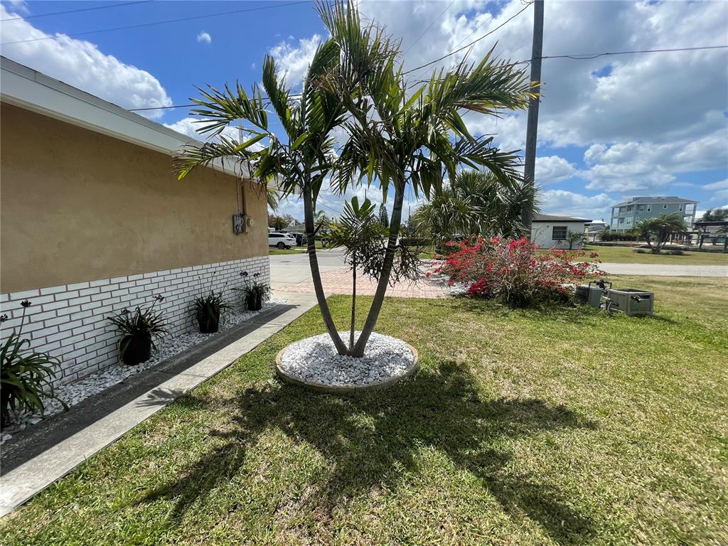 A palm tree stands in a white rock bed beside a house with brick siding — 6403 LONNIE LEE LANE, HUDSON, FL