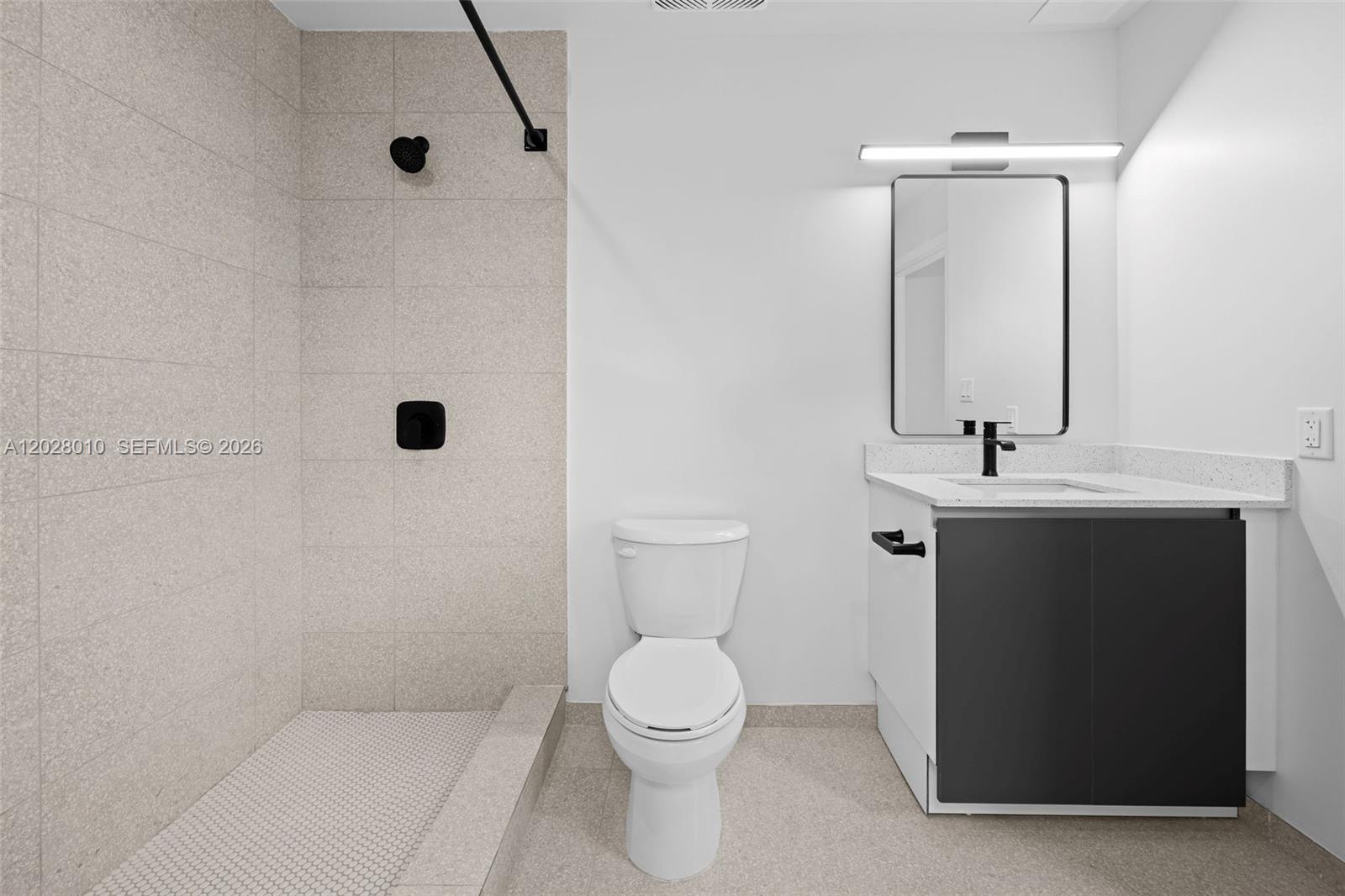 A modern bathroom features a walk-in shower, a white toilet, and a dark vanity cabinet — 315 NW 32 ST # 307, Miami FL 33127, MIAMI, FL
