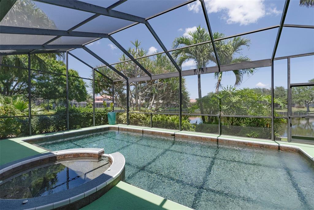 A screened-in pool and hot tub overlooking a lake with lush tropical landscaping — 4834 WINDMILL PALM TERRACE NE, ST PETERSBURG, FL