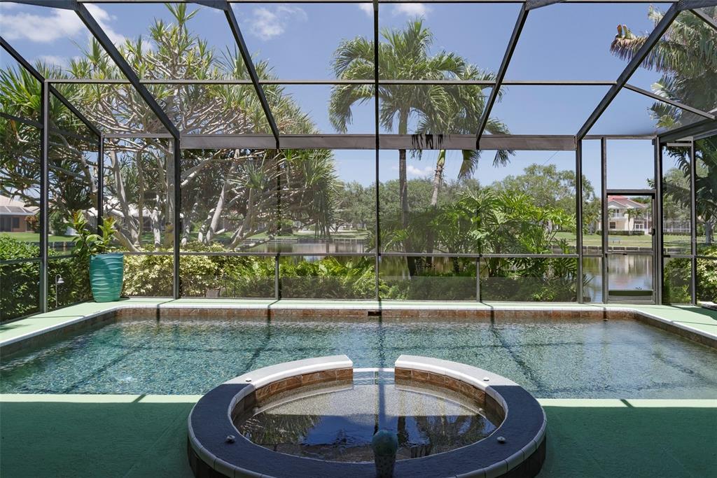 A screened-in pool and spa area overlooking a lake with palm trees and landscaping — 4834 WINDMILL PALM TERRACE NE, ST PETERSBURG, FL