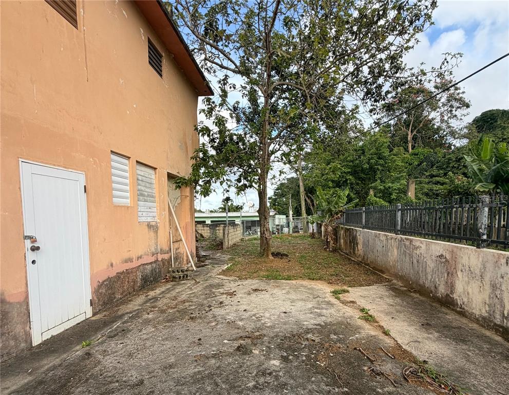 A side view of a peach-colored house with a concrete yard and a large tree — 492 BO. CORCOVADO, HATILLO, PR