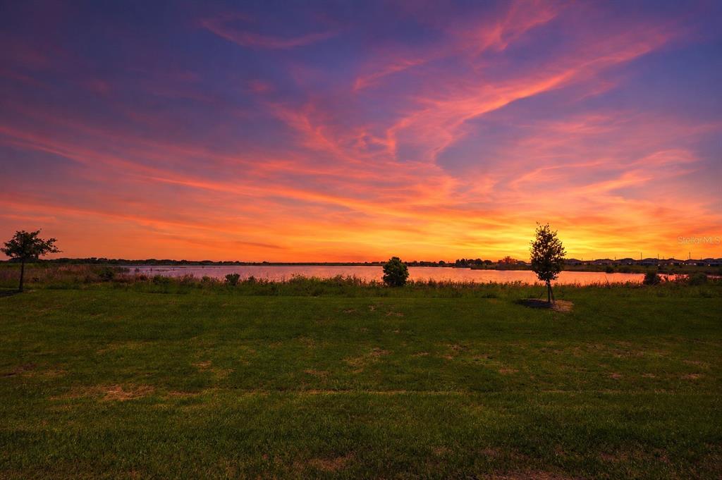 A vibrant sunset glows over a grassy field and a calm lake with scattered trees — 984 GRIFFON AVENUE, LAKE ALFRED, FL