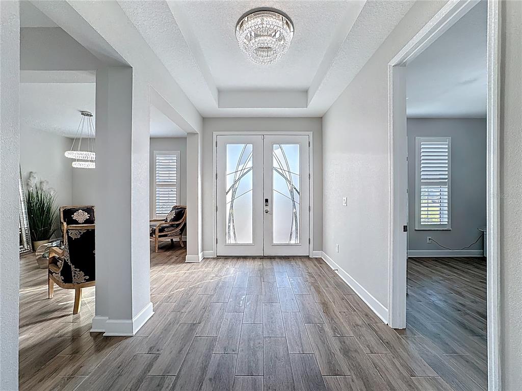 A bright entryway features a tray ceiling, a crystal chandelier, and wood-look tile flooring — 5216 LAKE VENICE DRIVE, WIMAUMA, FL