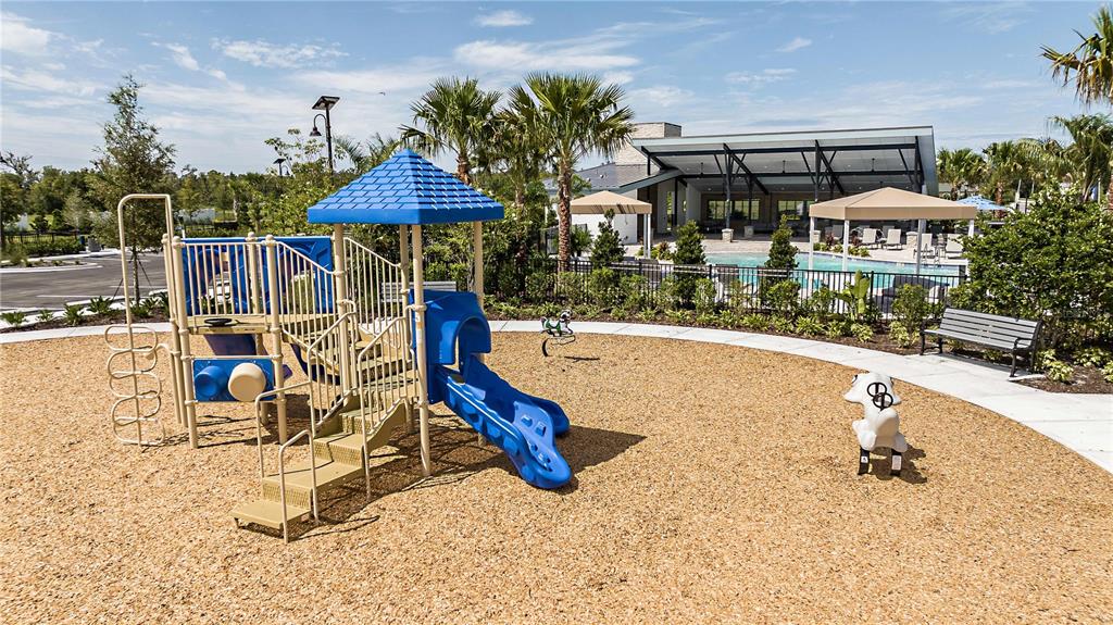 A playground with a blue slide and climbing structure sits in front of a pool area — 12447 49TH STREET E, PARRISH, FL