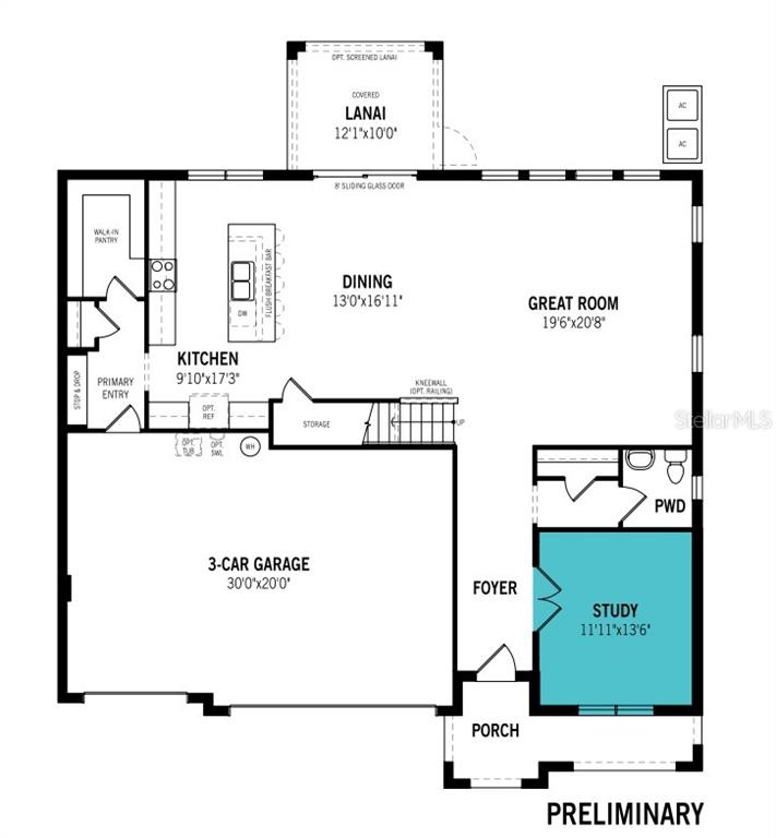 This is a floor plan for the first level of a home featuring a three-car garage — 9022 SUNDANCE TERRACE, PARRISH, FL