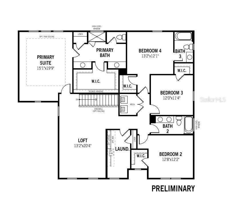 This is a floor plan of an upper level featuring a loft, four bedrooms, and three bathrooms — 9022 SUNDANCE TERRACE, PARRISH, FL
