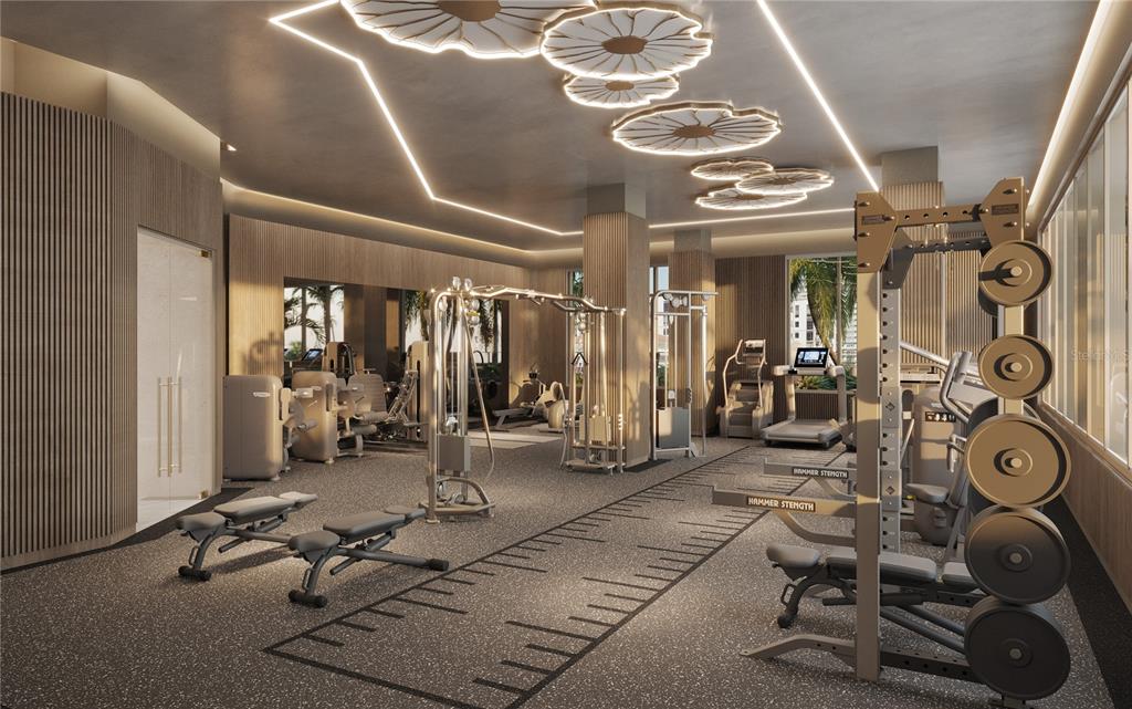This rendering shows a modern fitness center with gym equipment, wood-paneled walls, and decorative lighting — 344 4TH STREET S UNIT 1503, ST PETERSBURG, FL