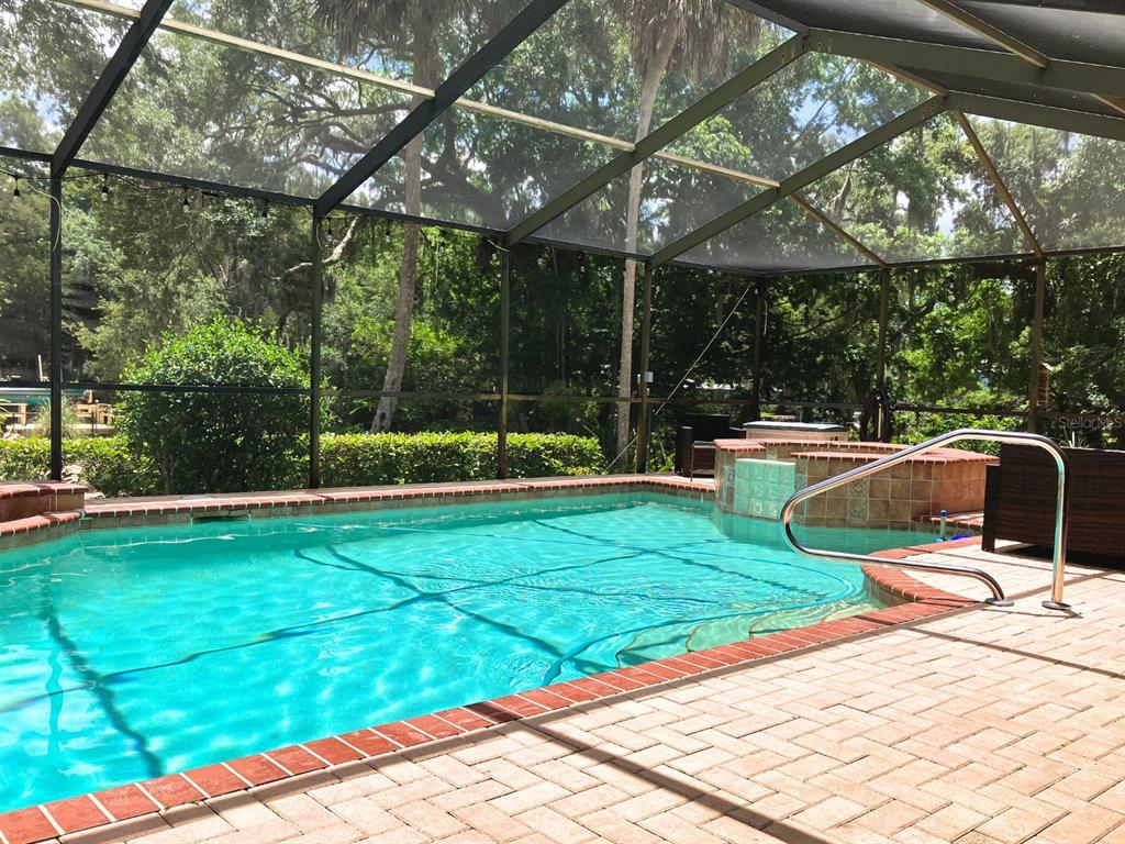 A screened-in swimming pool and attached hot tub with brick pavers and lush green trees — 11878 W RIVERHAVEN DRIVE, HOMOSASSA, FL