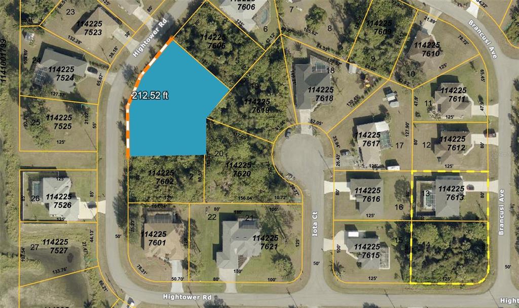 This is a property map showing residential lots and street layouts in a neighborhood — HIGHTOWER ROAD, NORTH PORT, FL