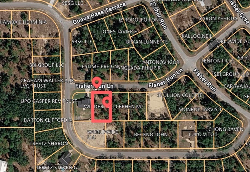 This is a satellite map view showing a highlighted residential property lot on a street — 22 FISHER RUN LANE, OCKLAWAHA, FL