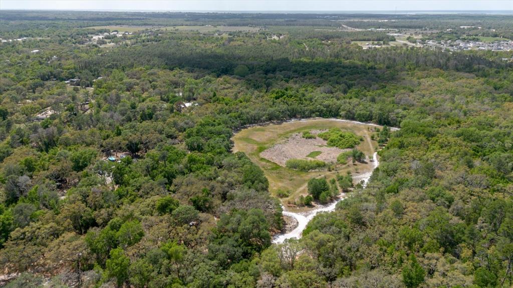 An aerial view shows a large, circular clearing surrounded by dense forest and nearby homes — 12531 LITTLE PETE COURT, HUDSON, FL
