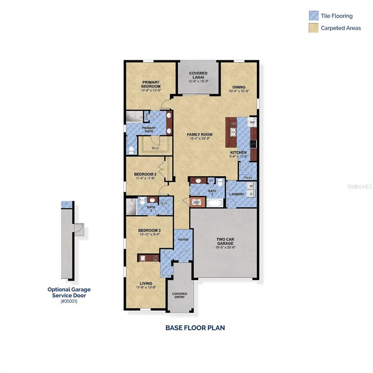 This floor plan shows a three-bedroom home with a two-car garage and a covered lanai — 2078 TOWN PASTURE DRIVE, EUSTIS, FL