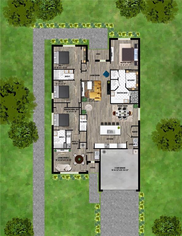 This is a floor plan of a single-story house with four bedrooms and a garage — 2663 TRAFALGAR BOULEVARD, KISSIMMEE, FL