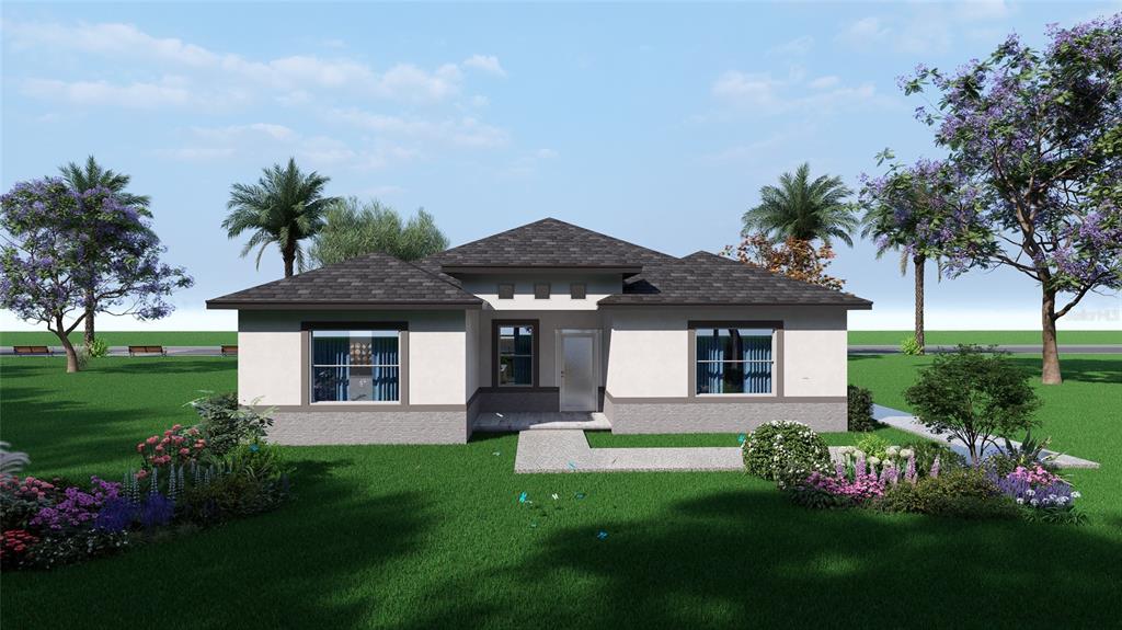 This is a digital rendering of the exterior of a single-story house with landscaping — 2663 TRAFALGAR BOULEVARD, KISSIMMEE, FL