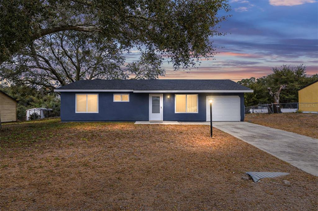 A blue single-story house with a white garage door and a concrete driveway — 6 HICKORY TRACK PASS, OCALA, FL