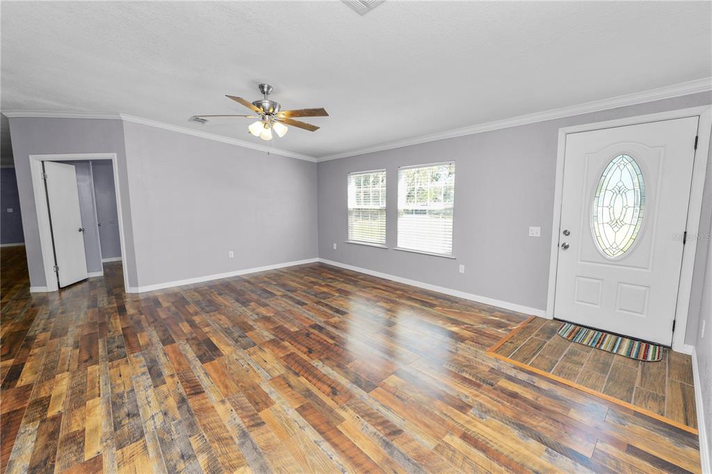An empty living room features gray walls, wood-look flooring, a ceiling fan, and a front door — 7405 SHOUPE ROAD, PLANT CITY, FL