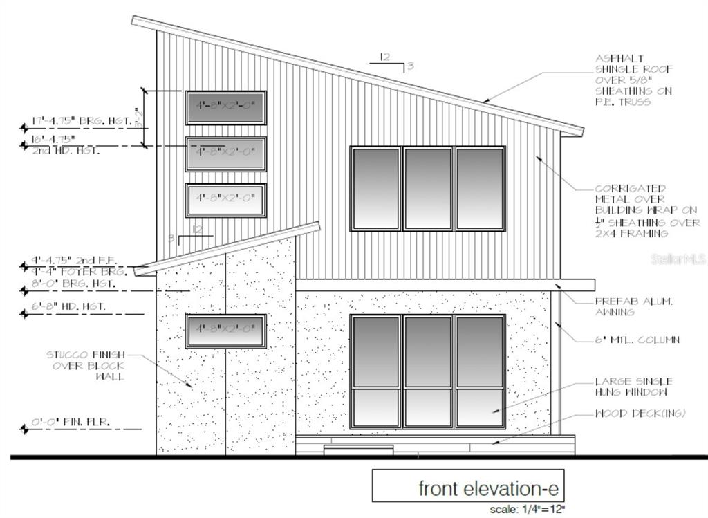 This architectural rendering shows the front elevation of a two-story house with corrugated metal siding — 0000 2ND STREET, SANFORD, FL