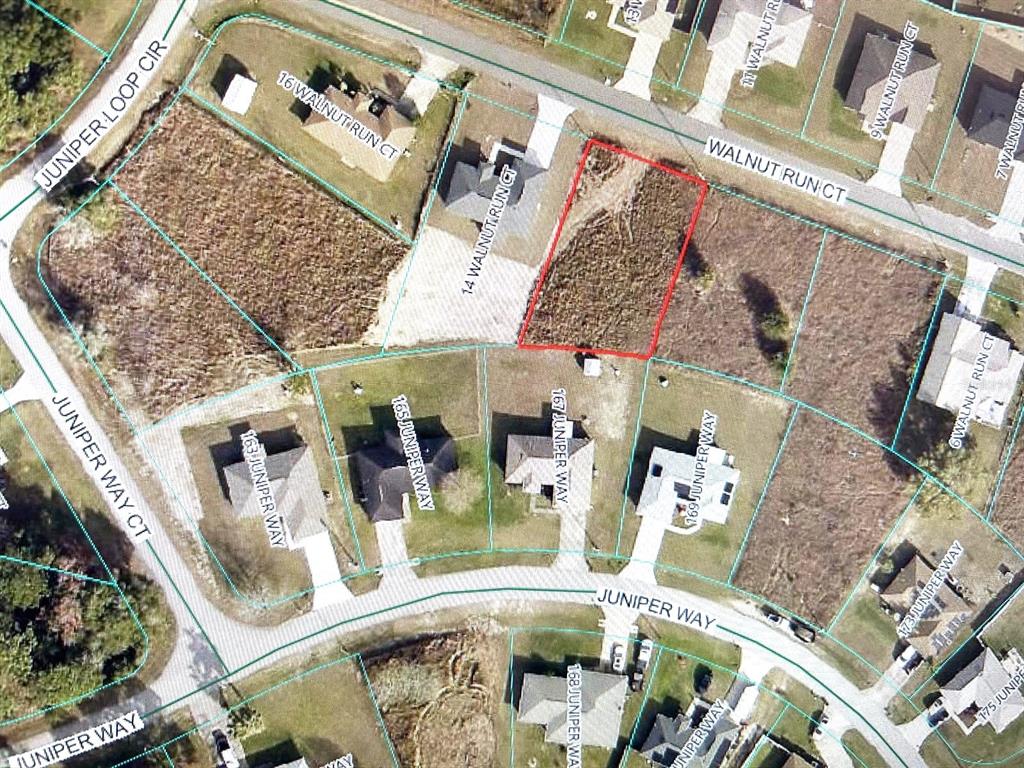 This is an aerial map view of a vacant residential lot outlined in red — 0 WALNUT RUN COURT, OCALA, FL