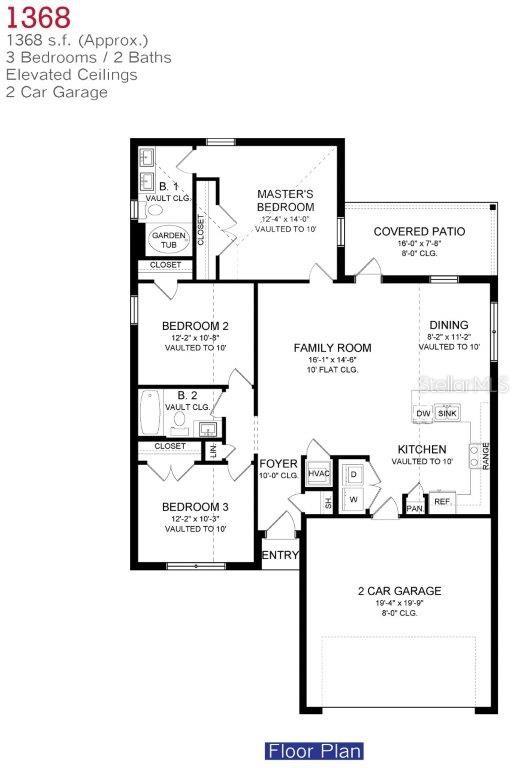 This is a floor plan for a three-bedroom, two-bathroom house with a two-car garage — 12460 LANGLEY DRIVE Lot 83, SPRING HILL, FL
