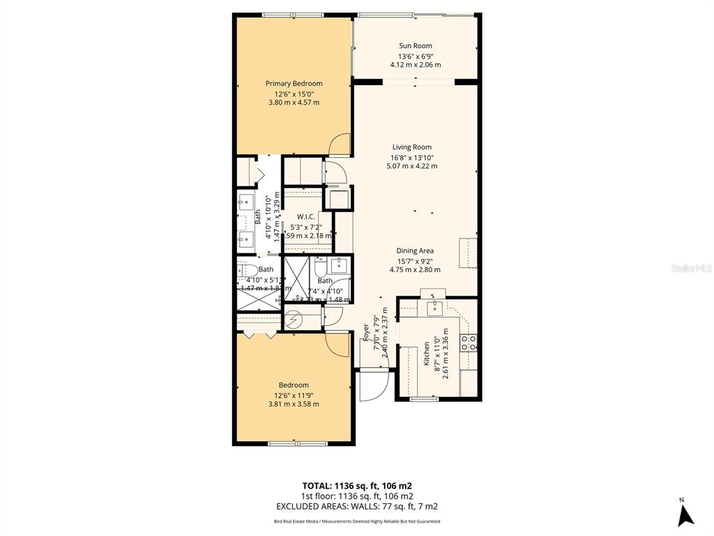 This is a floor plan for a two-bedroom apartment with two bathrooms and a sunroom — 1100 CAPRI ISLES BOULEVARD UNIT 325, VENICE, FL