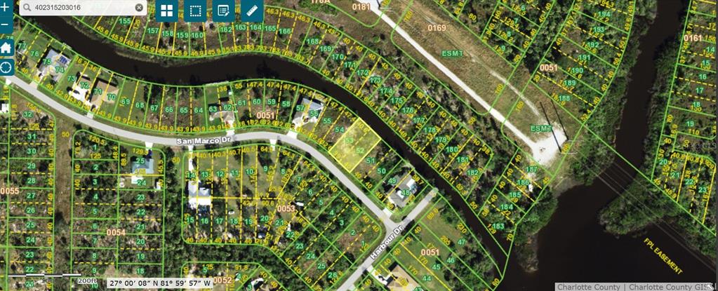 This is a satellite map view showing residential lots along San Marco Drive and Harbour Drive — 27430 SAN MARCO DRIVE, PUNTA GORDA, FL