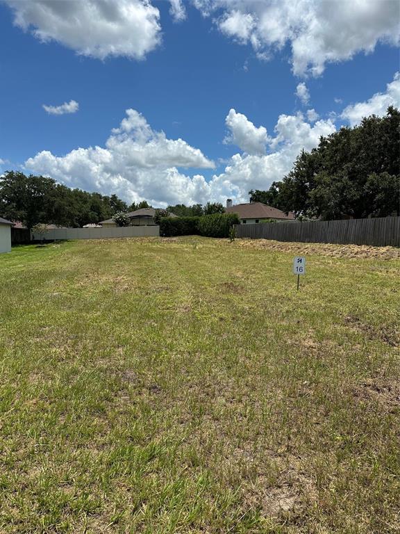 A vacant, grassy residential lot features a small sign marked with the number 16 — 16000 MATANILLA DRIVE, CLERMONT, FL