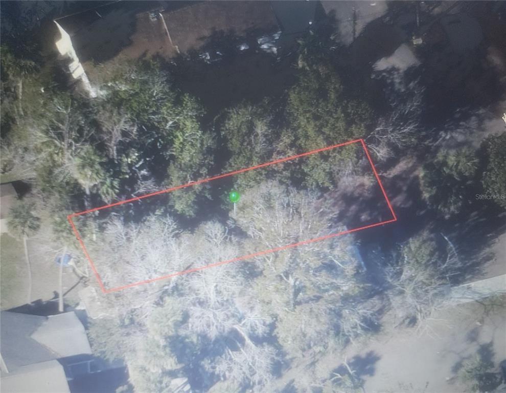 This is an aerial view of a wooded, rectangular plot of land outlined in red — 360 JEFFERSON STREET, DAYTONA BEACH, FL