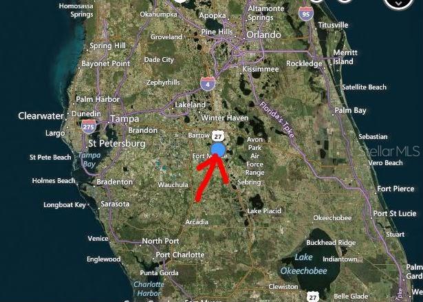 This is a map of central Florida with a red arrow pointing to a location — 4630 WRIGHTBROS ROAD, FROSTPROOF, FL