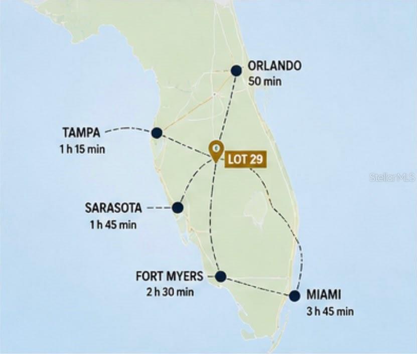 This map shows the travel times from Lot 29 to five major Florida cities — 4630 WRIGHTBROS ROAD, FROSTPROOF, FL