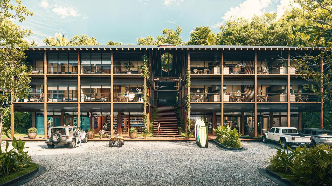This architectural rendering shows a three-story wooden building with balconies, a central staircase, and vehicles — 125 Coral Way, Bocas Del Toro,, FL