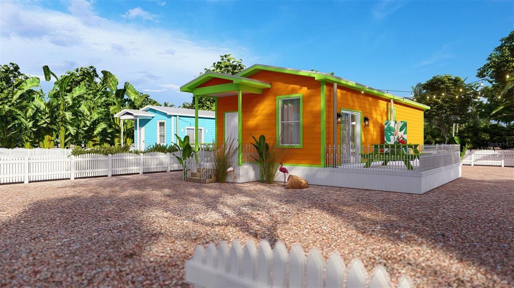 A digital rendering shows an orange tiny house with a green porch and white fence — 0 PARK ROAD, VENICE, FL