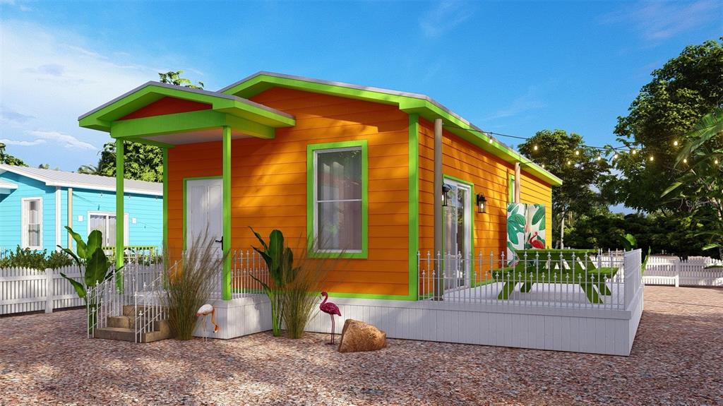 A digital rendering of a bright orange and green tiny house with a front porch — 0 PARK ROAD, VENICE, FL