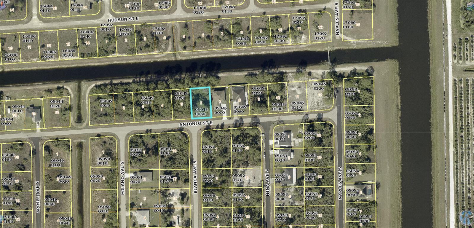 This is an aerial map showing residential lots and streets in a suburban neighborhood — 1237 Antonio Street E, Lehigh Acres FL 33974, LEHIGH ACRES, FL