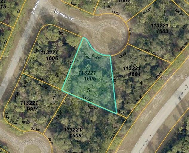 This is an aerial map showing the property boundaries of a vacant lot — GAMES COURT, NORTH PORT, FL