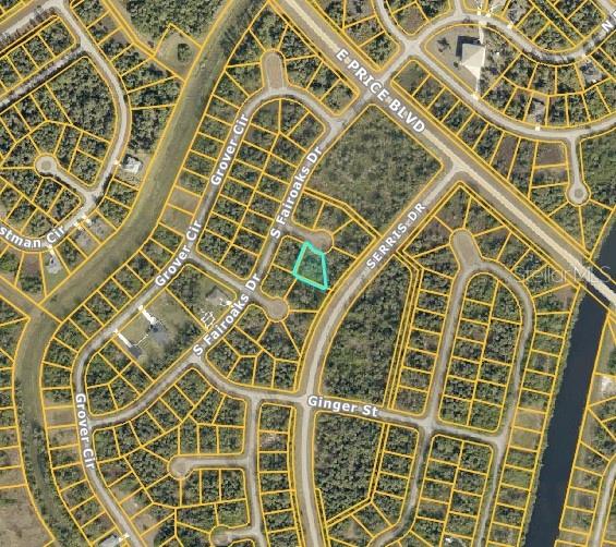 This is a satellite map view showing a vacant residential lot highlighted in teal — GAMES COURT, NORTH PORT, FL