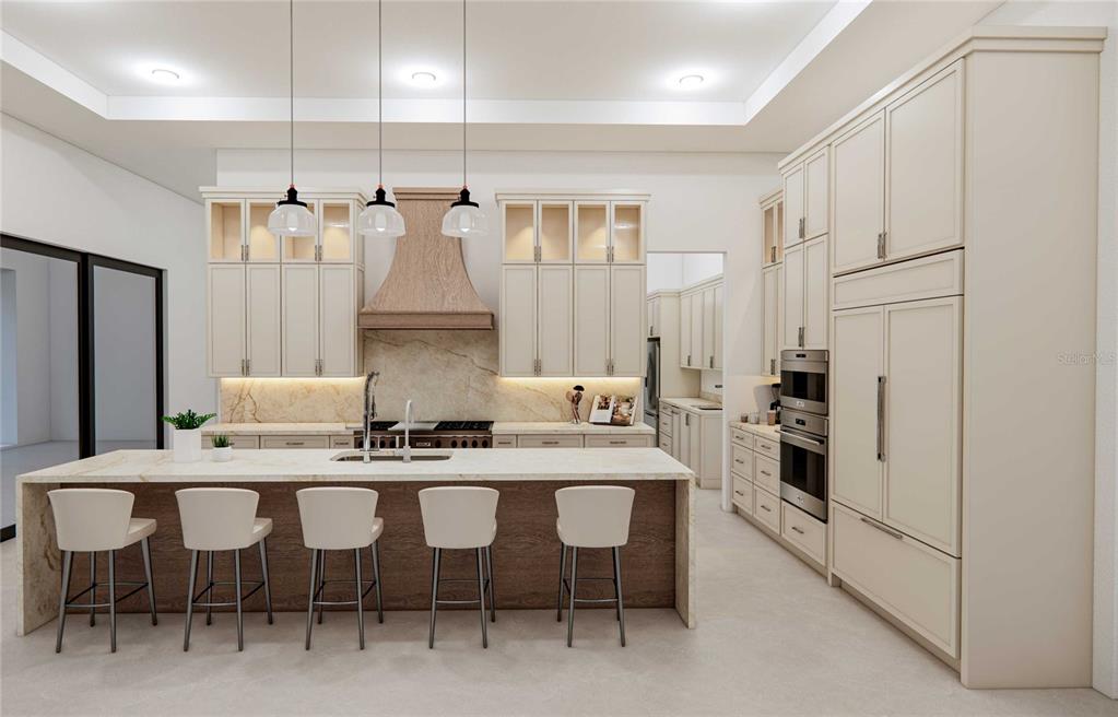 This is a rendering of a modern kitchen with a large island and cream cabinetry — 654 GENEVA PLACE, TAMPA, FL