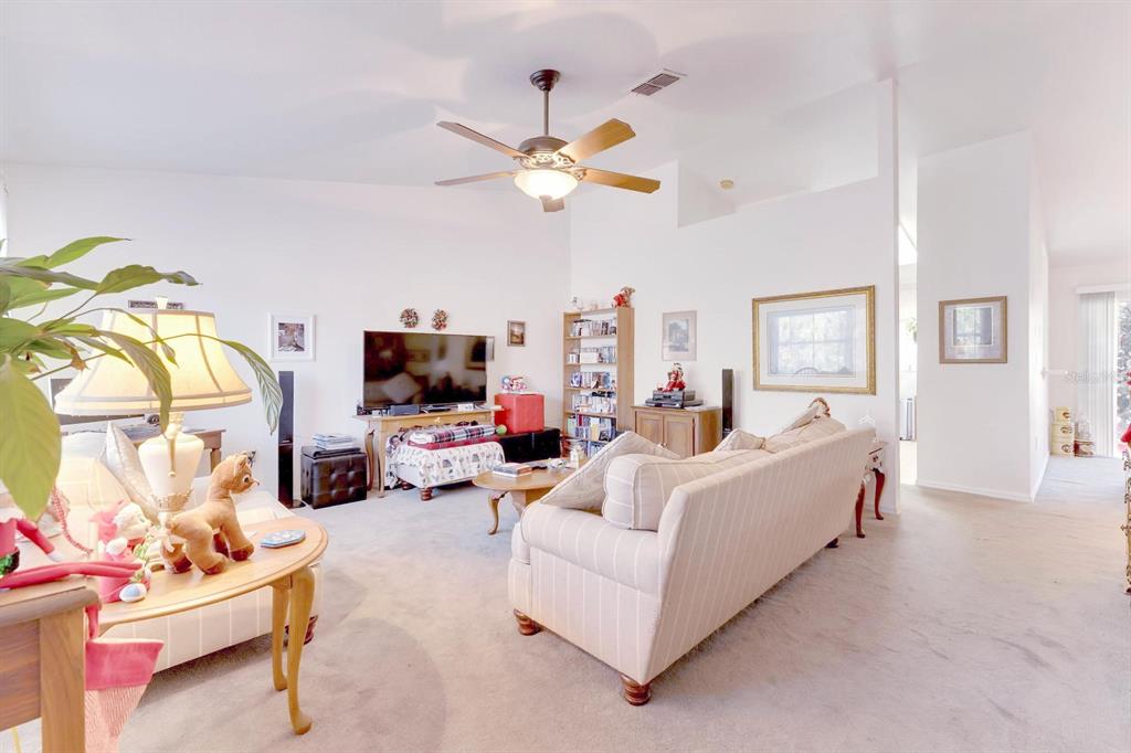 A living room features a beige sofa, a ceiling fan, and a television on a stand — 5201 PLESS ROAD, PLANT CITY, FL