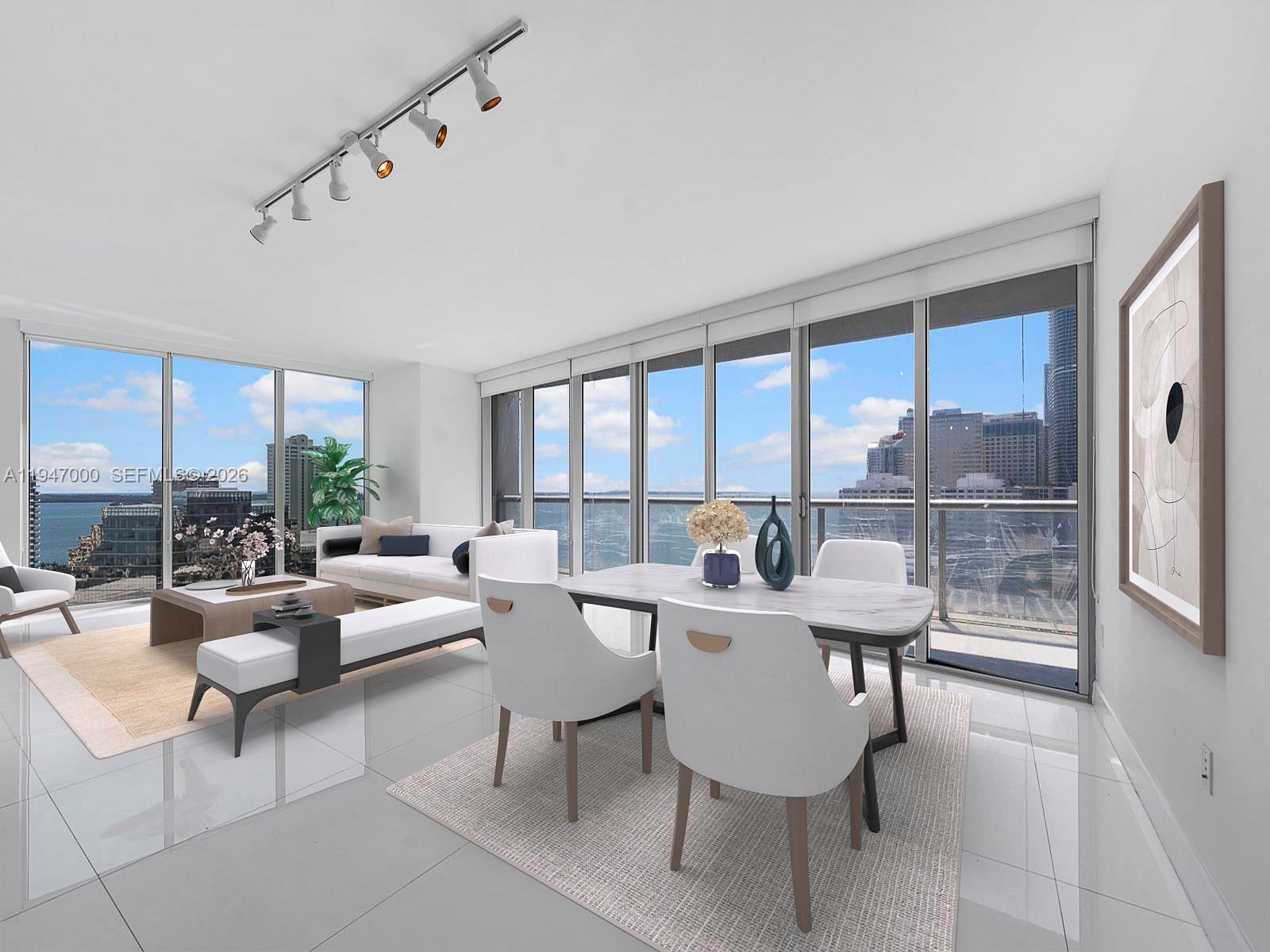This is a digital rendering of a modern living and dining area with floor-to-ceiling windows — 495 Brickell Ave # 1801, Miami FL 33131, MIAMI, FL