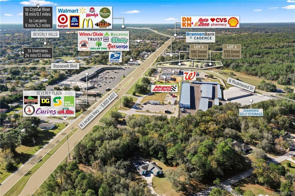 This is an aerial map showing commercial lots and surrounding businesses along a highway — 4038 N MODELWOOD DRIVE, BEVERLY HILLS, FL