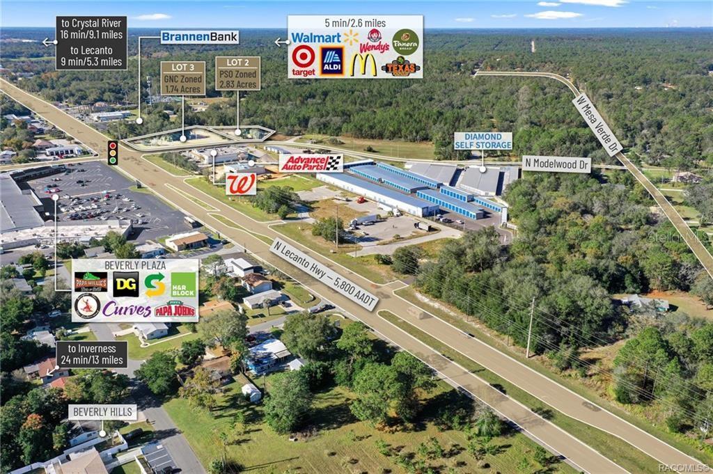 This is an aerial map showing commercial lots and surrounding businesses along a highway — 4038 N MODELWOOD DRIVE, BEVERLY HILLS, FL