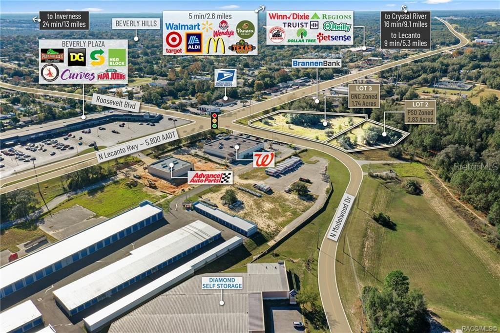 This is an aerial map showing commercial lots and surrounding businesses in a developed area — 4038 N MODELWOOD DRIVE, BEVERLY HILLS, FL