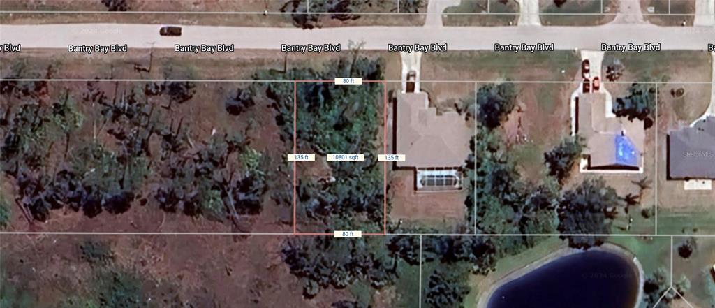 This is an aerial map view of a rectangular vacant lot measuring 80 by 135 feet — 8905 BANTRY BAY, ENGLEWOOD, FL