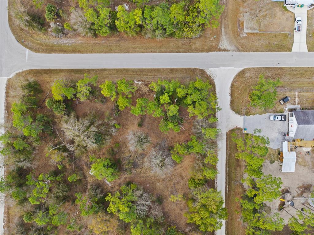 An aerial view shows a wooded, undeveloped rectangular lot adjacent to a paved road — 13484 MICHILIN AVENUE, PUNTA GORDA, FL