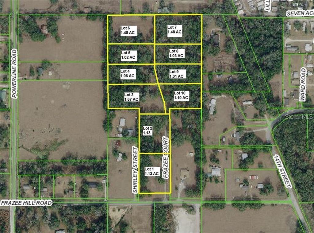 This is an aerial map showing ten subdivided lots of land with acreage labels — FRAZEE COURT, DADE CITY, FL