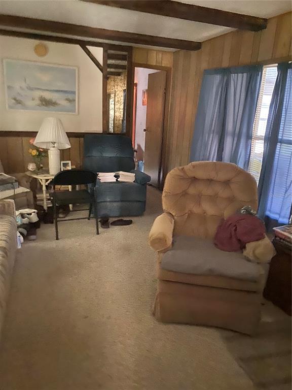 A living room features wood-paneled walls, exposed ceiling beams, carpeted flooring, and two upholstered chairs — 1318 CR 461, LAKE PANASOFFKEE, FL