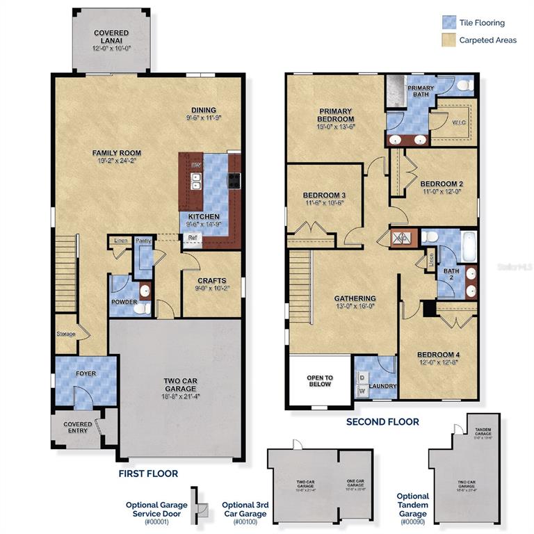 This floor plan shows a two-story home with four bedrooms, a kitchen, and multiple garages — 14640 CRESTAVISTA DRIVE, CLERMONT, FL