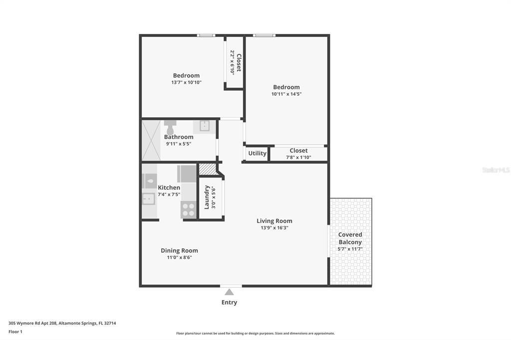 This is a floor plan for a two-bedroom apartment with a living room and balcony — 305 WYMORE ROAD UNIT 208, ALTAMONTE SPRINGS, FL