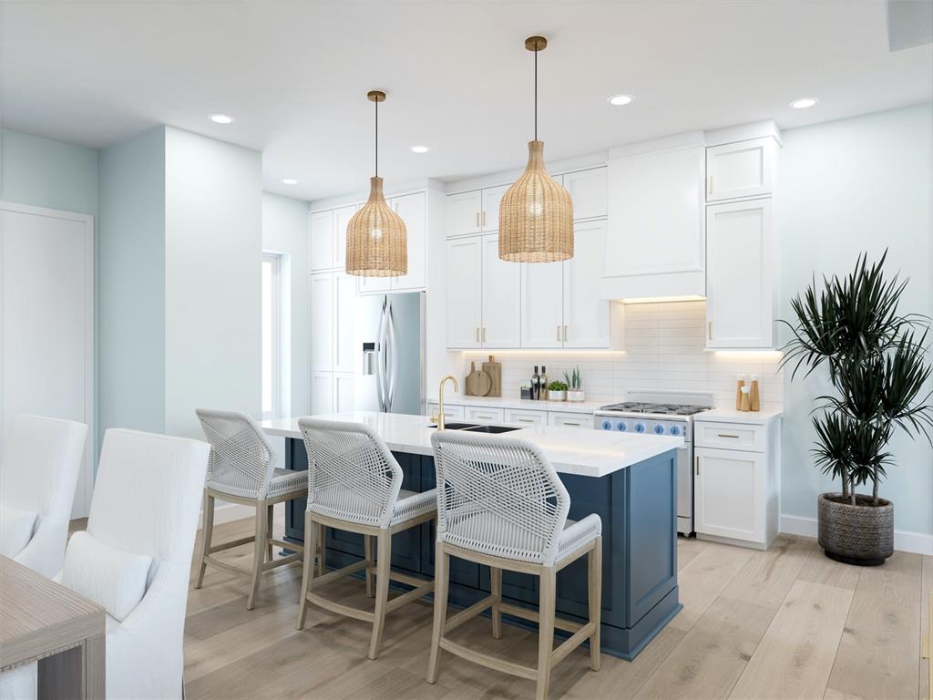 This rendering shows a kitchen with a blue island, white cabinets, and woven pendant lights — 6708 BURLINGTON AVENUE N, ST PETERSBURG, FL