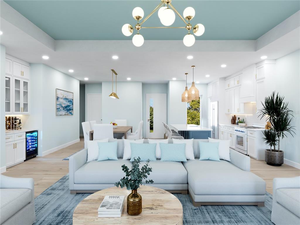 This rendering shows an open-concept living room and kitchen with light blue accents and white cabinetry — 6708 BURLINGTON AVENUE N, ST PETERSBURG, FL