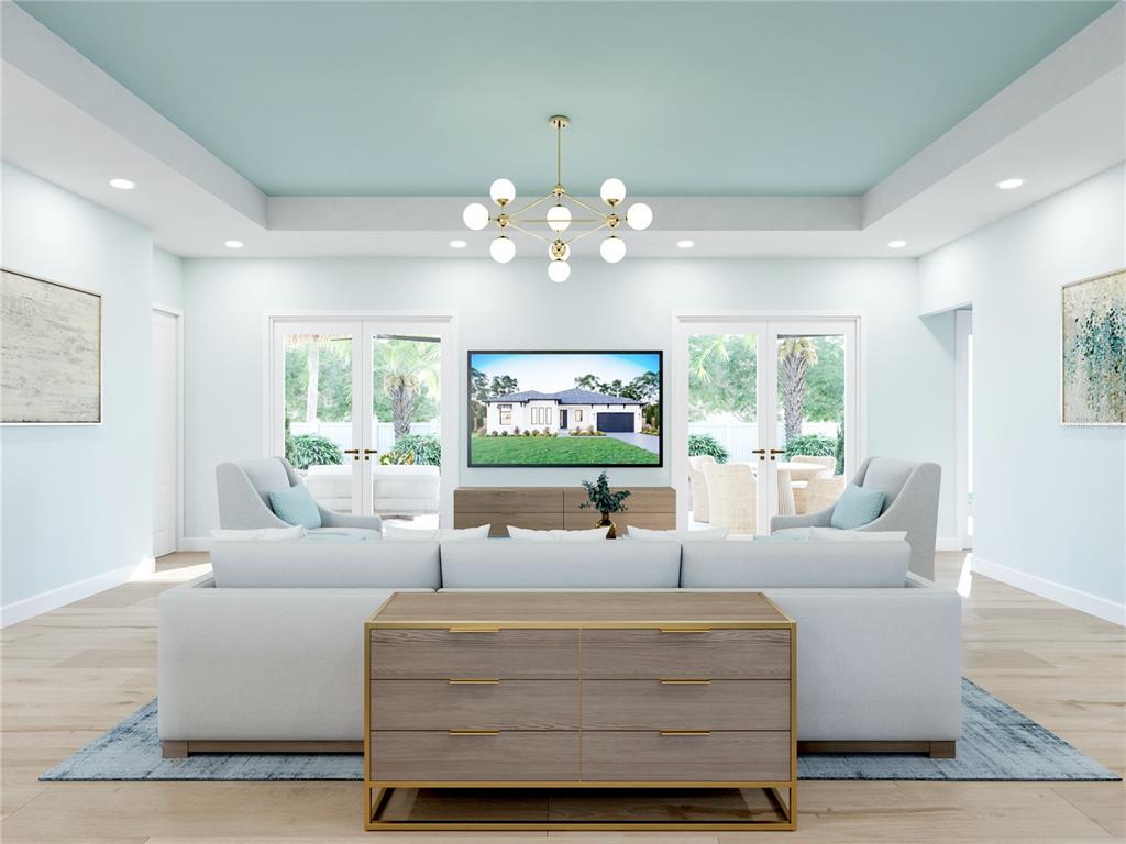 This rendering shows a living room with a light blue tray ceiling and gold chandelier — 6708 BURLINGTON AVENUE N, ST PETERSBURG, FL